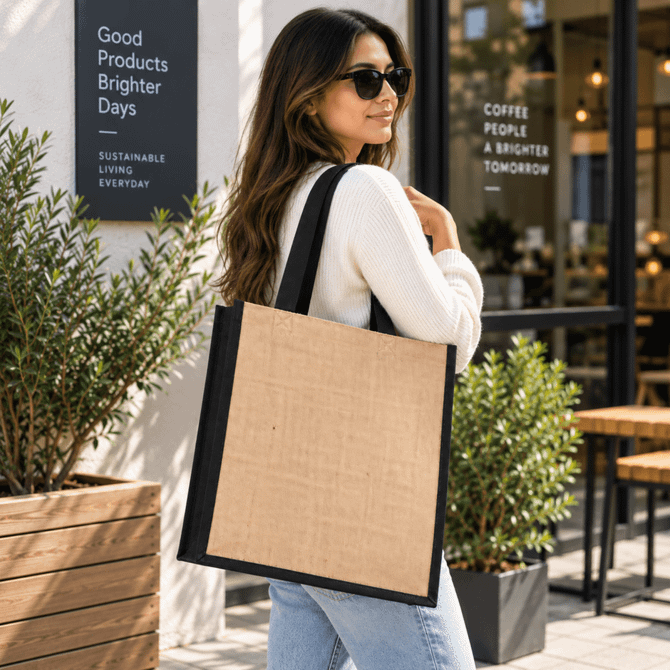 A large jute tote bag with gusset in natural and black, featuring a logo, being held by a woman outdoors.