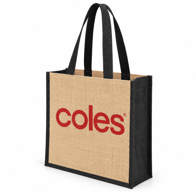 A large jute tote bag with a beige body and black handles, featuring a logo on one side.