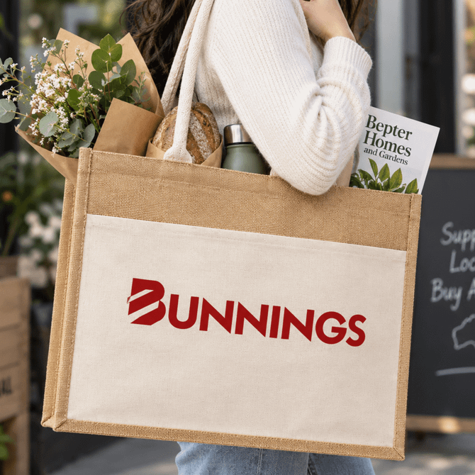A jute tote bag in natural and beige tones, featuring a logo, being carried with plants and a book inside.