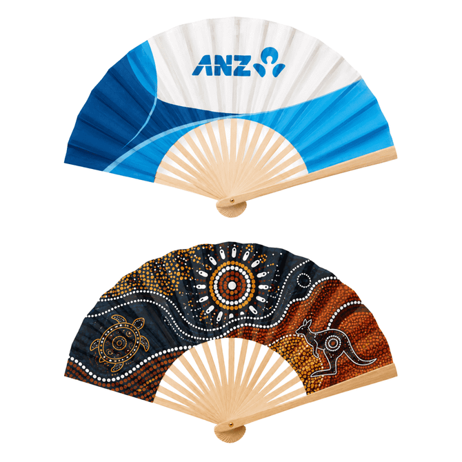 A foldable paper fan featuring blue and white designs on one side and Aboriginal art with a kangaroo on the other.