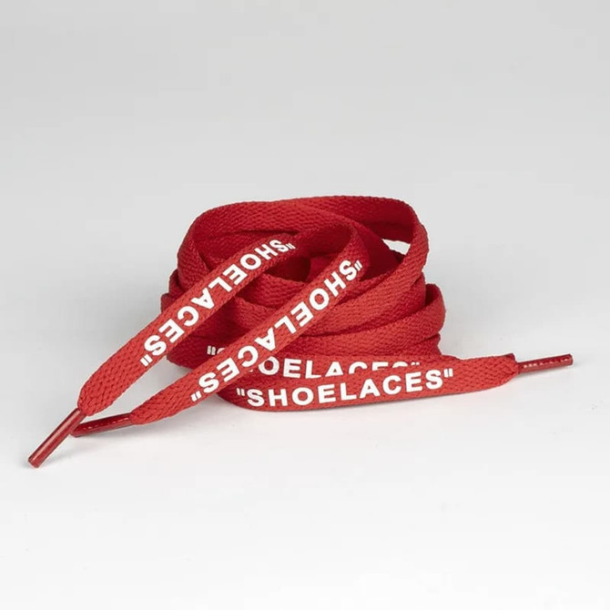 Red printed shoelaces with white text, featuring a logo on one end. Suitable for various footwear.