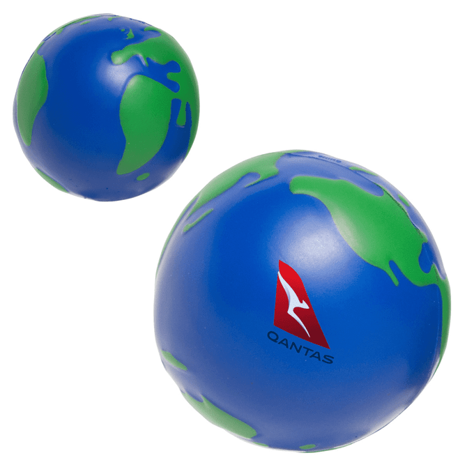 A blue and green stress ball shaped like Earth with a logo. The product features a smooth texture.