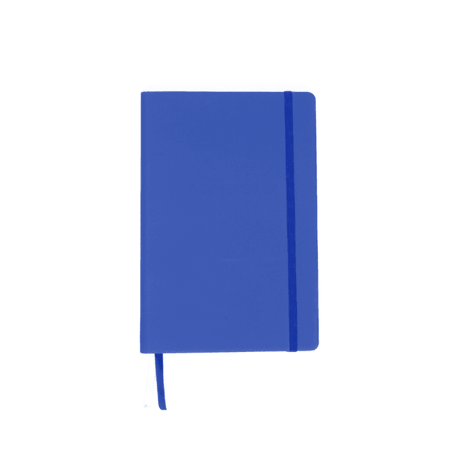 A blue A5 notebook with a bookmark and an elastic band for closure, featuring a logo.