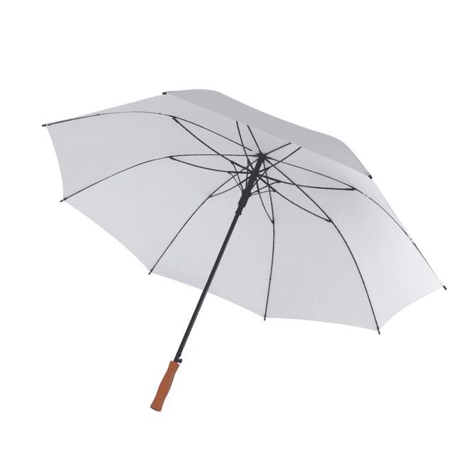 A white golf umbrella with a black frame and a wooden handle. It features a logo on its surface.