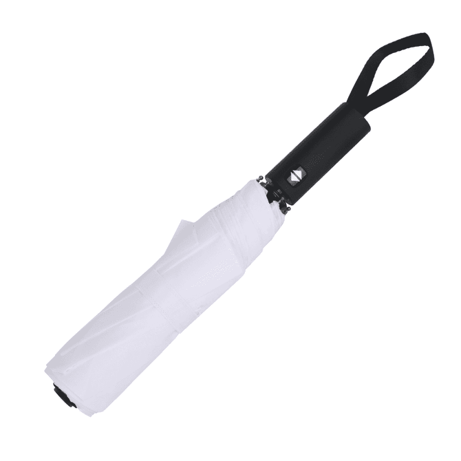 A white umbrella with a black handle and a carrying strap, featuring a logo on the handle.