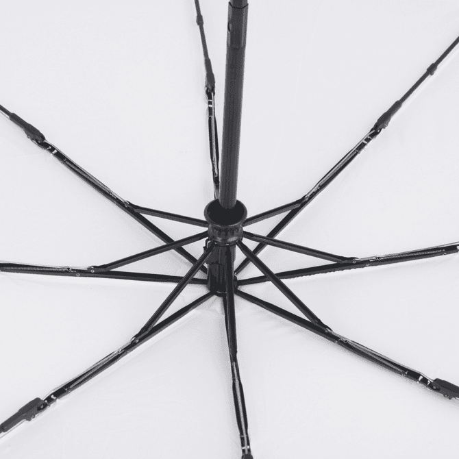 A black umbrella frame with multiple ribs and a central pole, designed for stability and support.