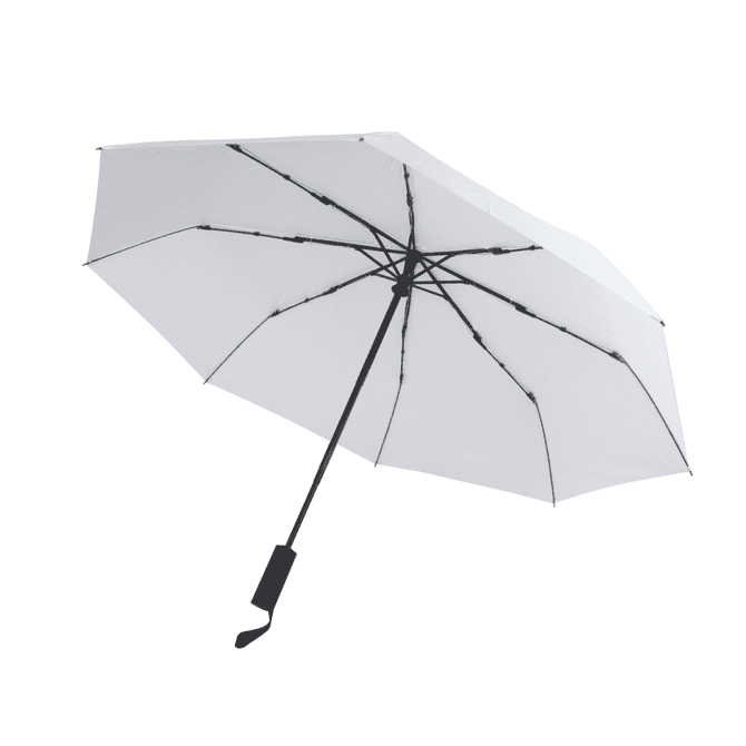 A white umbrella with a black handle and frame, featuring a logo on the handle.