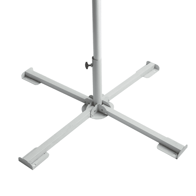 A white umbrella stand with a sturdy cross base, designed for stability and support.
