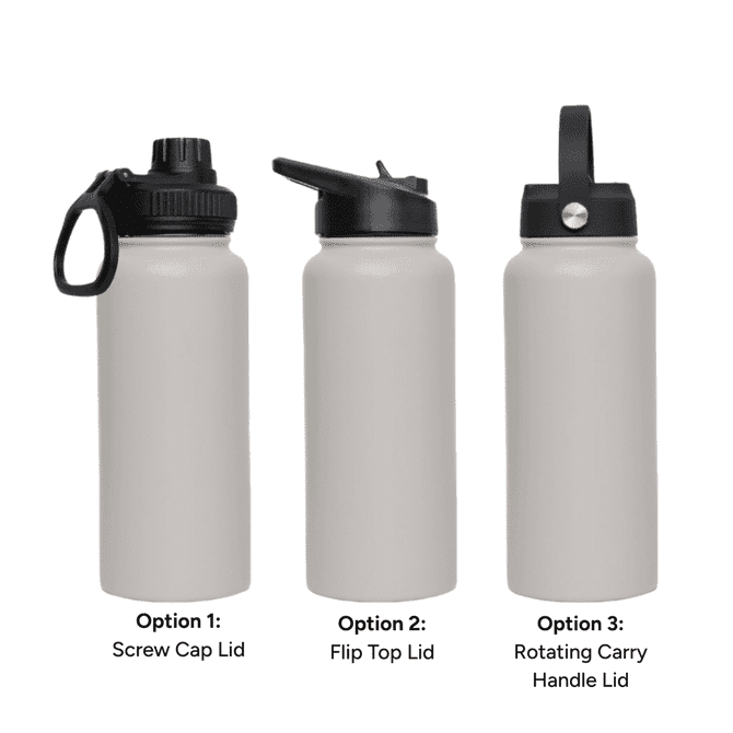 A drink bottle in grey featuring three lid options: a screw cap, a flip top, and a rotating carry handle.
