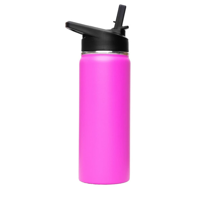 A drink bottle in bright pink with a black flip top lid and a logo. Suitable for carrying beverages.