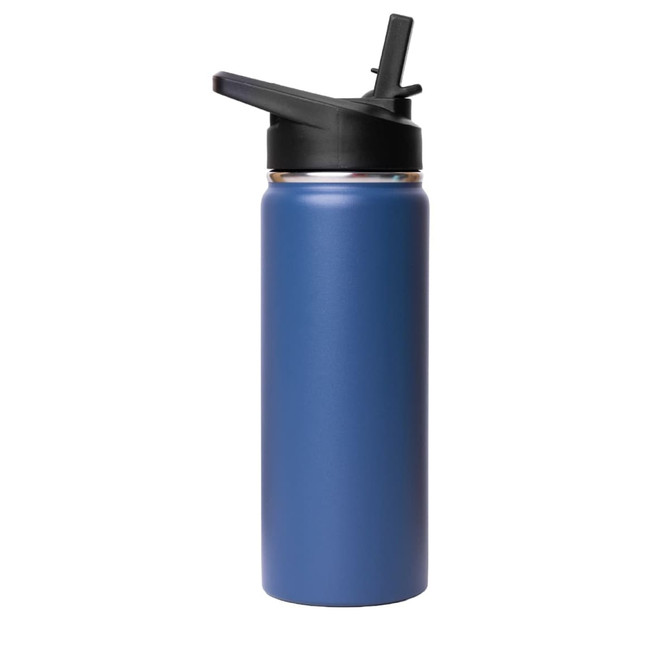 A drink bottle featuring a matte blue finish and a black flip top lid, with a branding logo.