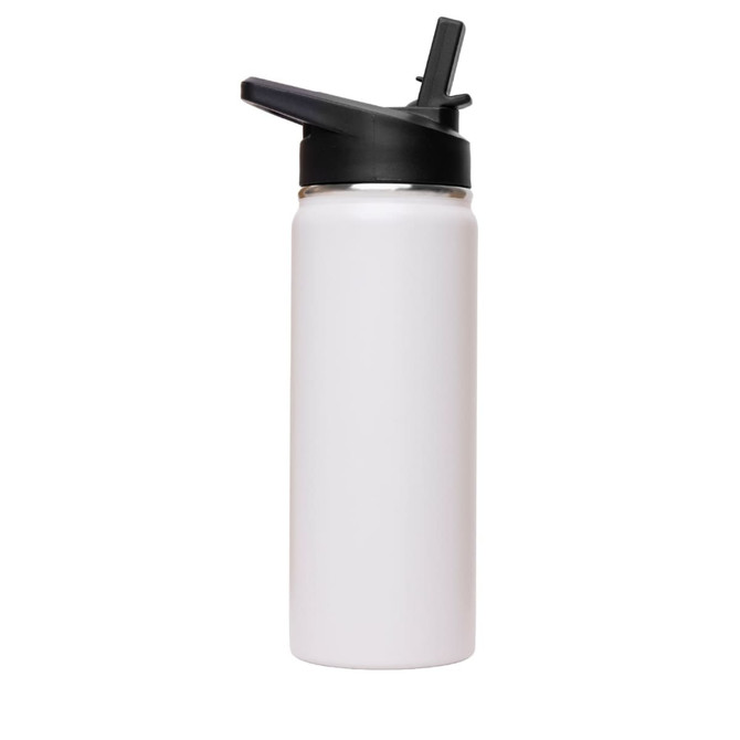 A drink bottle with a white body and black flip top lid, featuring a branding logo.