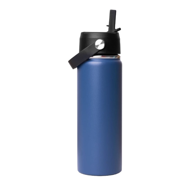 A drink bottle with a matte blue finish and a black rotating carry handle lid, featuring a logo.
