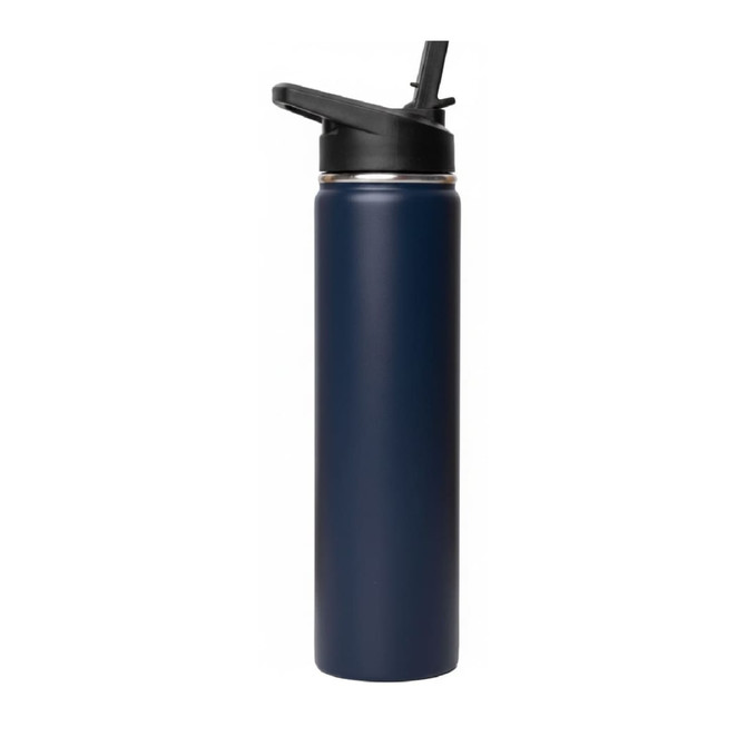 A drink bottle featuring a navy blue finish, a flip top lid, and a sleek design. It includes a logo.