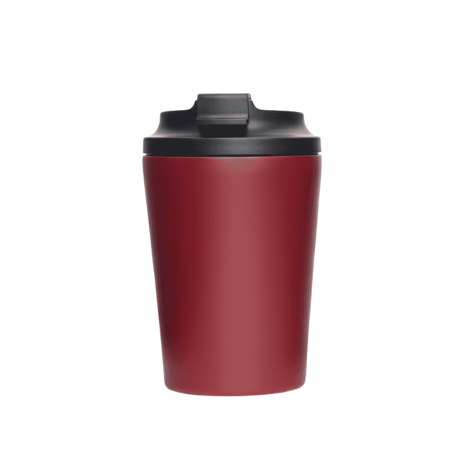 A double-walled coffee cup in a deep red colour with a black lid. It has a logo on the surface.