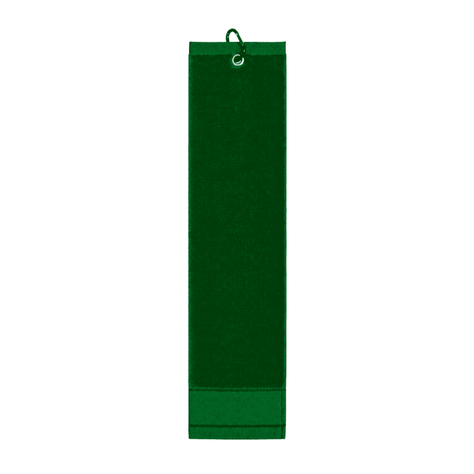 A green cotton golf towel featuring a hanging loop and a solid colour design. It has a logo on it.