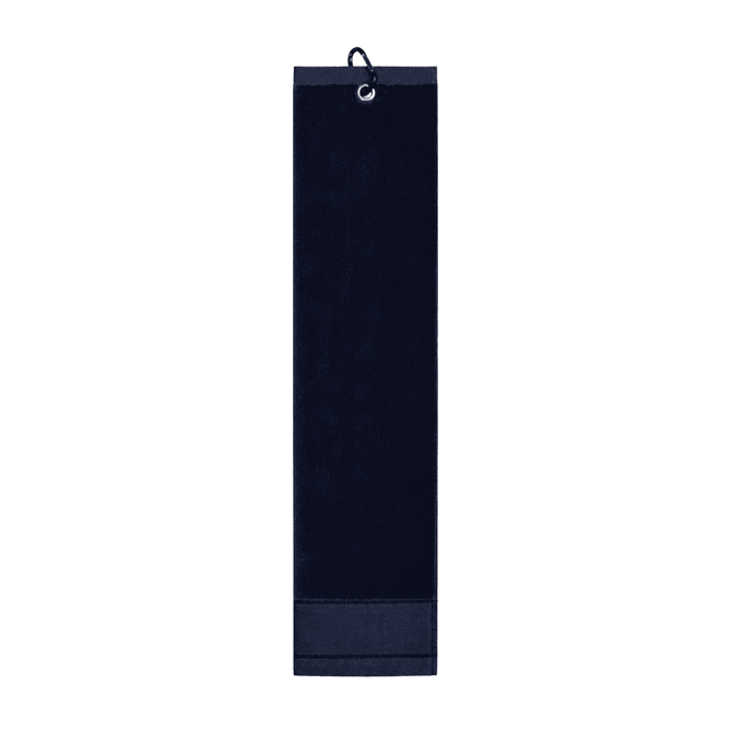 A navy cotton golf towel with a hanging loop, featuring a simple design and a logo.