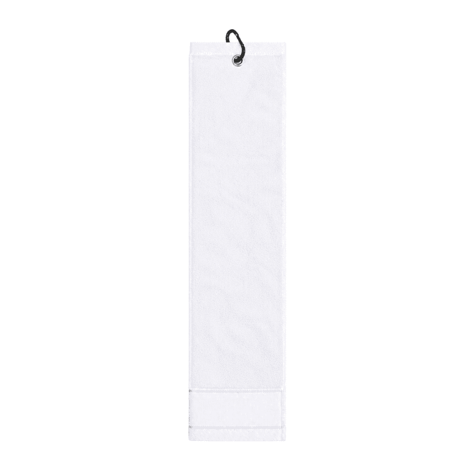 A cotton golf towel in white featuring a hanging loop and a stitched hem.