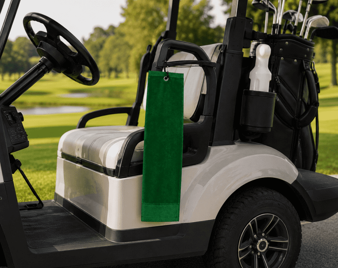 A green cotton golf towel hangs from a golf cart, with golf clubs visible in the background on a sunny course.