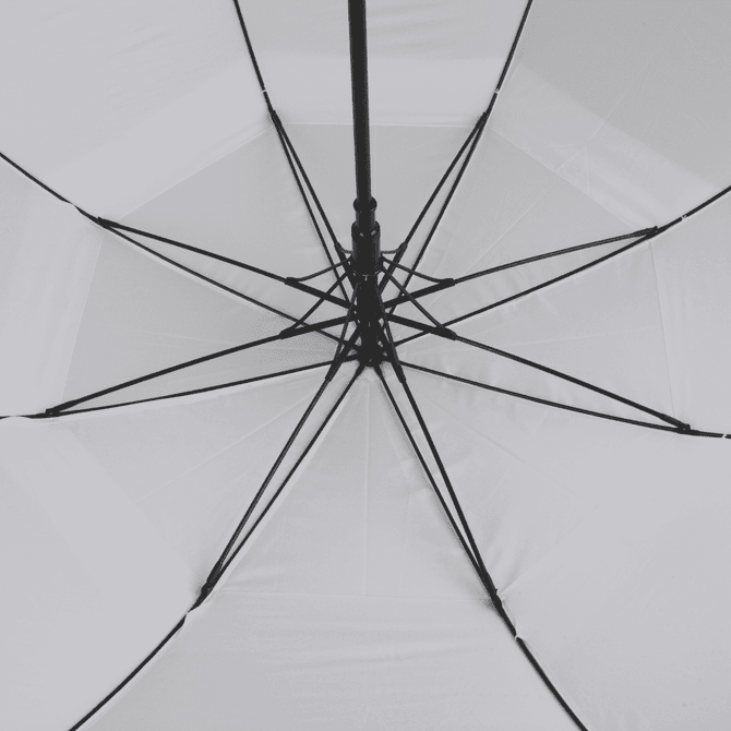 An elegant white golf umbrella featuring a sturdy black frame and ribs for support. It includes a branding logo.