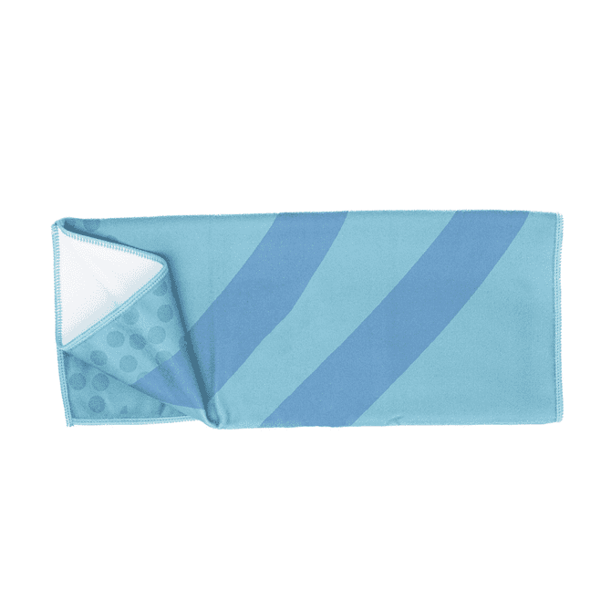A blue sublimated tea towel featuring stripes and polka dots, with a dual-sided design. Includes a logo.