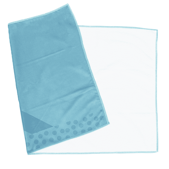 A light blue sublimated tea towel featuring a smooth surface with a patterned corner and a logo.