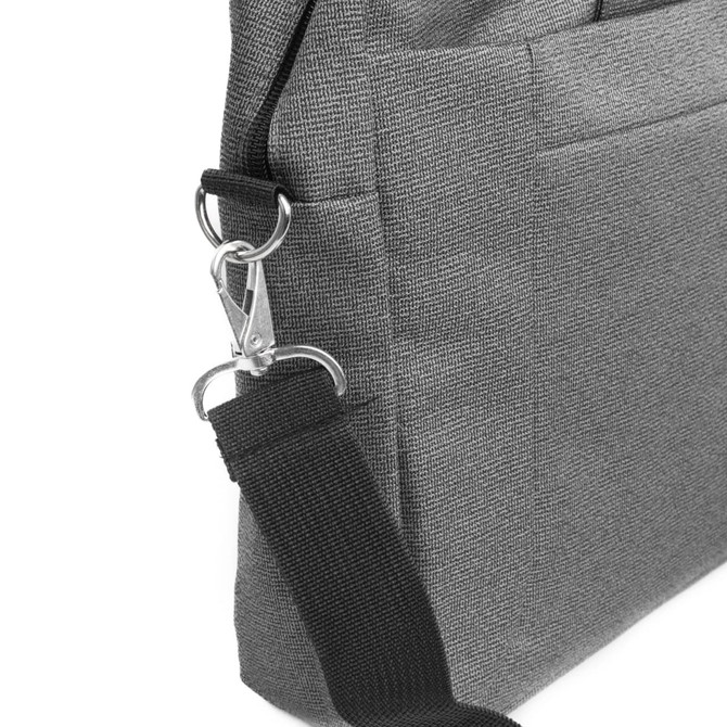 A grey laptop bag featuring a textured surface, with a silver clip and a black strap. It has a front pocket.