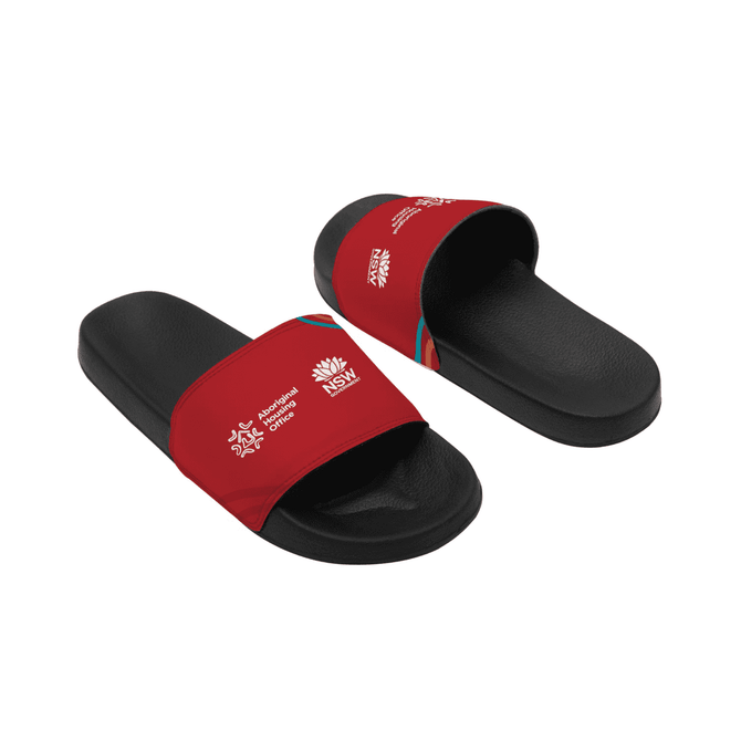 Red PU sublimated slides featuring a black sole and a branding logo on the strap.