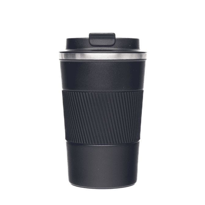 A black coffee cup featuring a ribbed texture and a lid, with a sleek, modern design.