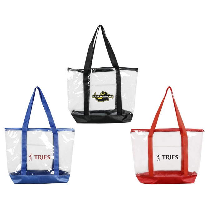 Three large clear zippered tote bags in black, blue, and red, featuring logos on the front of each bag.