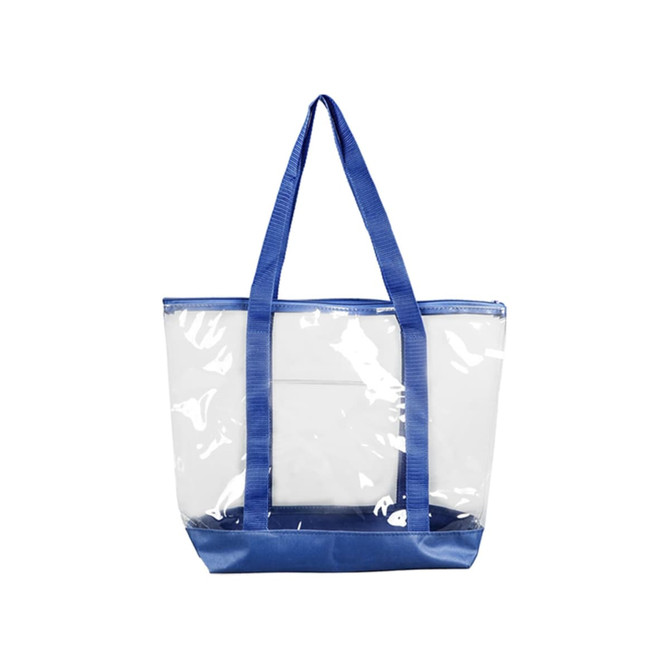 A large clear tote bag with blue straps and a blue base, featuring a zippered top for secure closure.