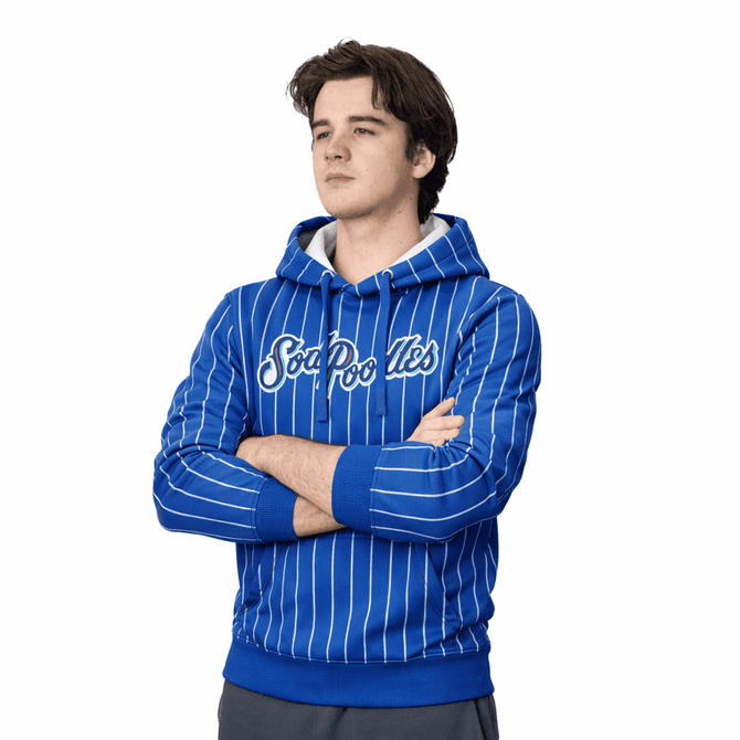 A blue hooded sweatshirt with white pinstripes and a front logo, featuring a contrasting grey hood lining.