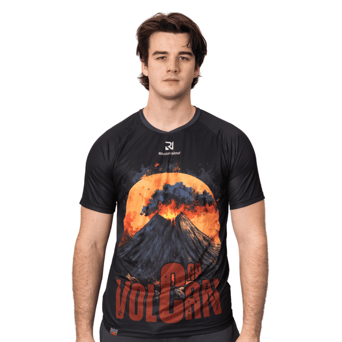 A black sublimated tee featuring a vibrant volcano graphic in red and orange hues, with a logo on the chest.