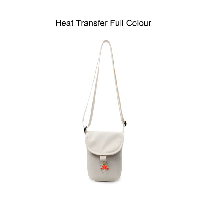A small white canvas shoulder bag with a flap and a logo, featuring an adjustable strap.