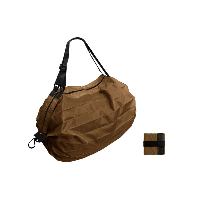 A foldable shoulder bag in brown, featuring a black strap and a compact folded version beside it.