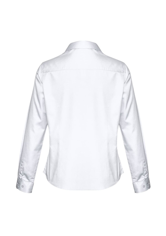 A white long sleeve button-up shirt featuring a classic collar and button details on the cuffs.