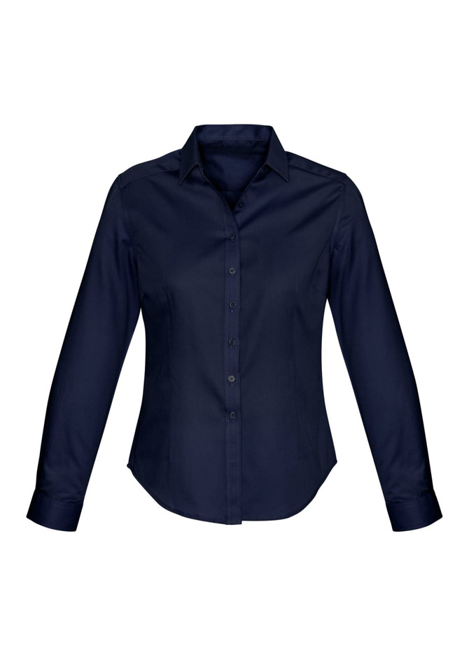 A navy button-up long sleeve shirt for women with a fitted design and a collar. It features a logo.