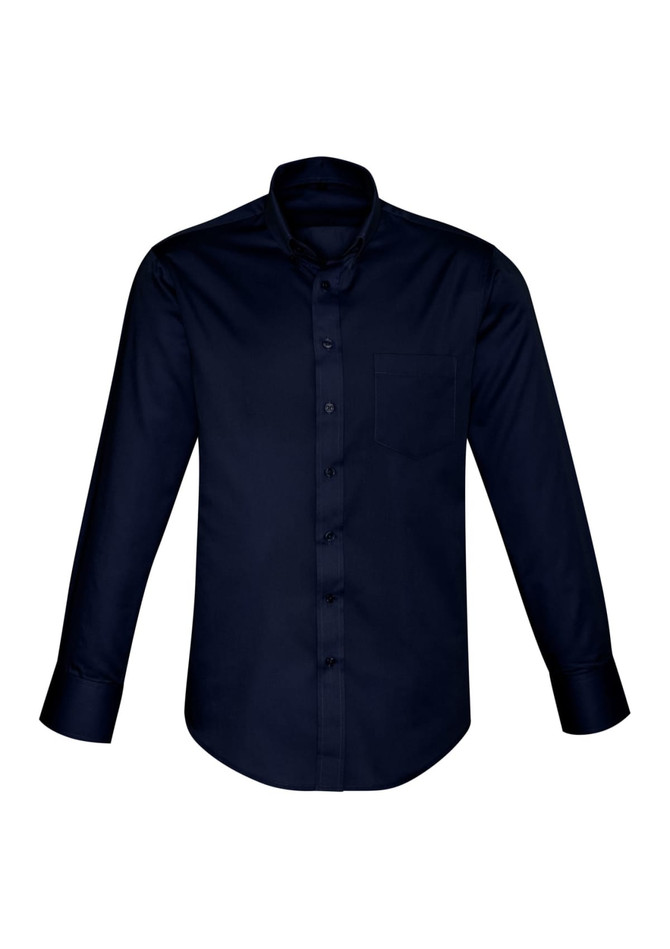 A navy long-sleeve button-up shirt featuring a chest pocket and a classic collar. It has a logo on the front.