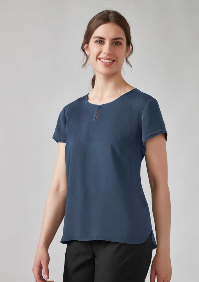 A women's short sleeve blouse in navy blue, featuring a round neckline and a slight keyhole detail at the front.