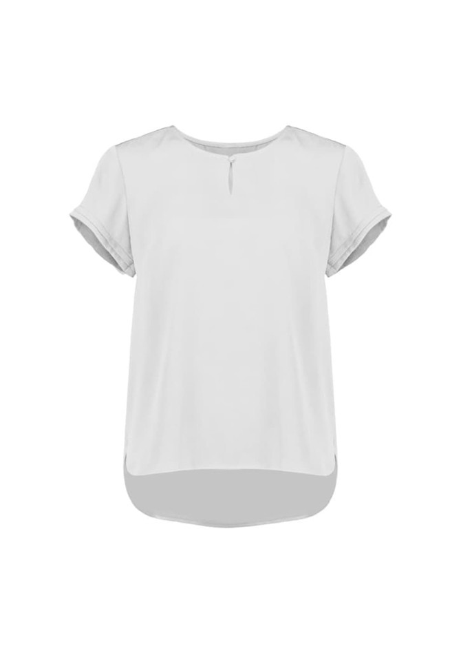 A light grey short sleeve blouse with a round neckline and a slightly longer back hem. It features rolled sleeves and has a logo.