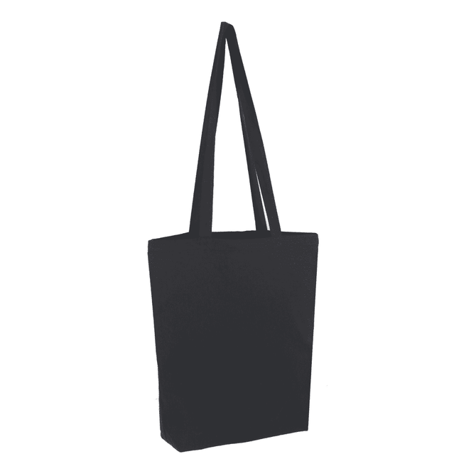 A long handle cotton bag in black, featuring two sturdy shoulder straps and a simple design.