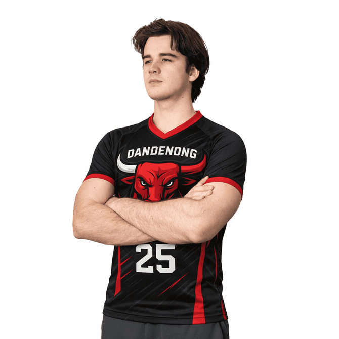 A black rugby jersey with red accents and a bull graphic, featuring the name "Dandenong" and the number 25.