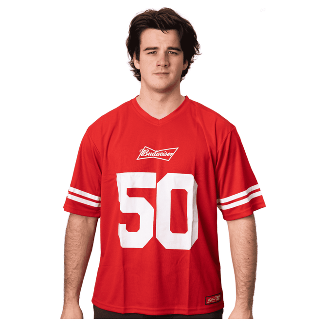 A red NFL jersey featuring white stripes and the number 50. The jersey has a logo on the front.