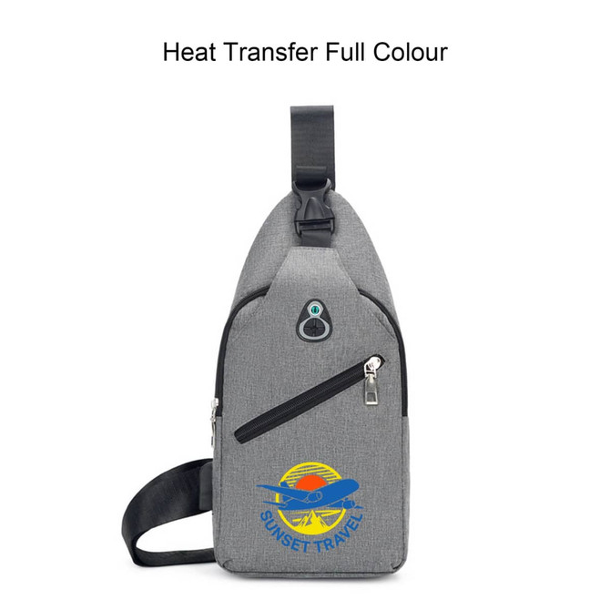 A grey sling chest bag with a front zipper pocket and a logo. Features a single adjustable strap.