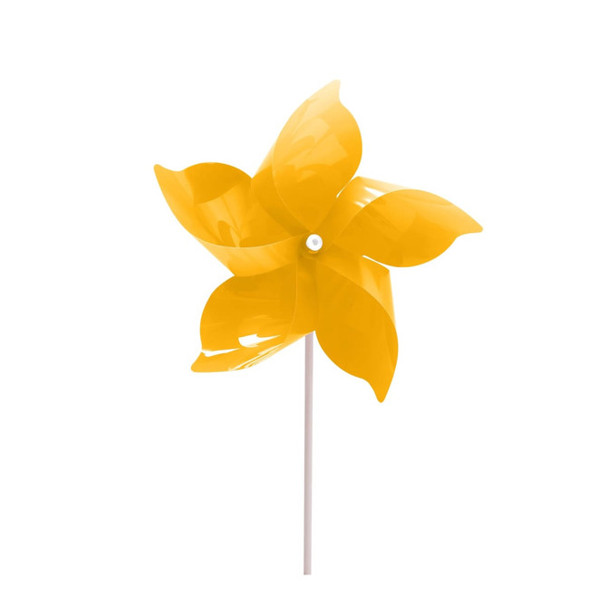 A yellow five-leaf pinwheel with a white stick, designed for outdoor decoration. It features a simple, playful design.