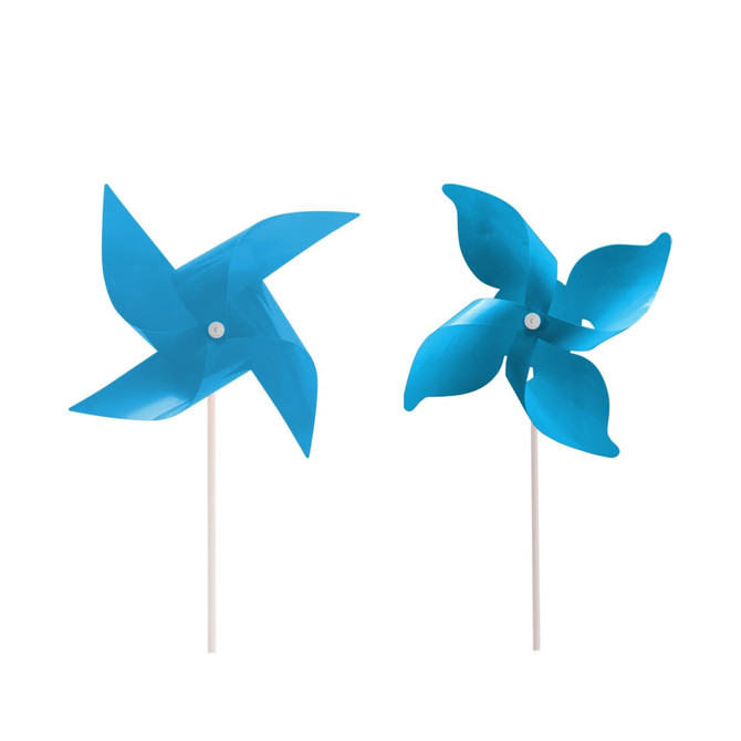 Two blue four-leaf pinwheels on white sticks, featuring a simple design with a central fastening.
