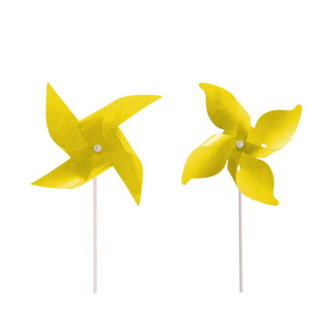 Two yellow four-leaf pinwheels with a central connector and white sticks. Each pinwheel has a glossy finish.