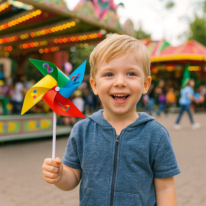A smiling boy holds a colourful four-leaf pinwheel with red, blue, yellow, and green blades against a carnival backdrop.