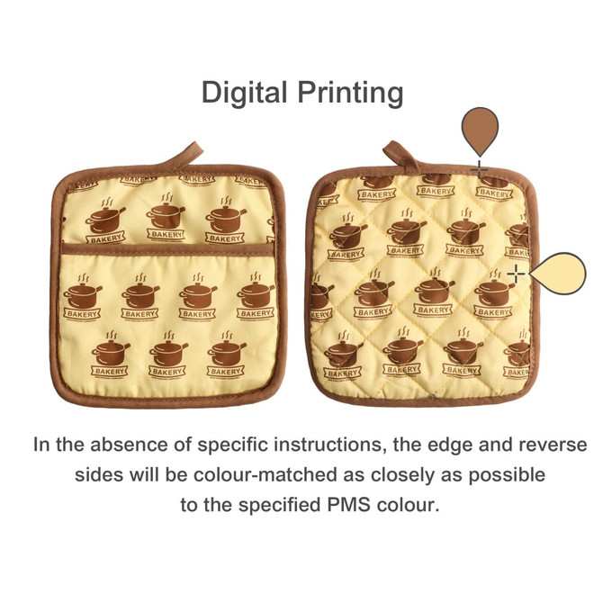 A large quilted pot holder with a coffee cup pattern in yellow and brown, featuring a logo on one side.