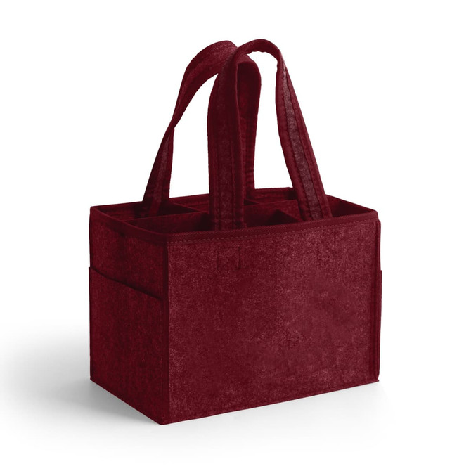 A maroon felt wine tote bag with two handles and compartments for bottles, featuring a logo.